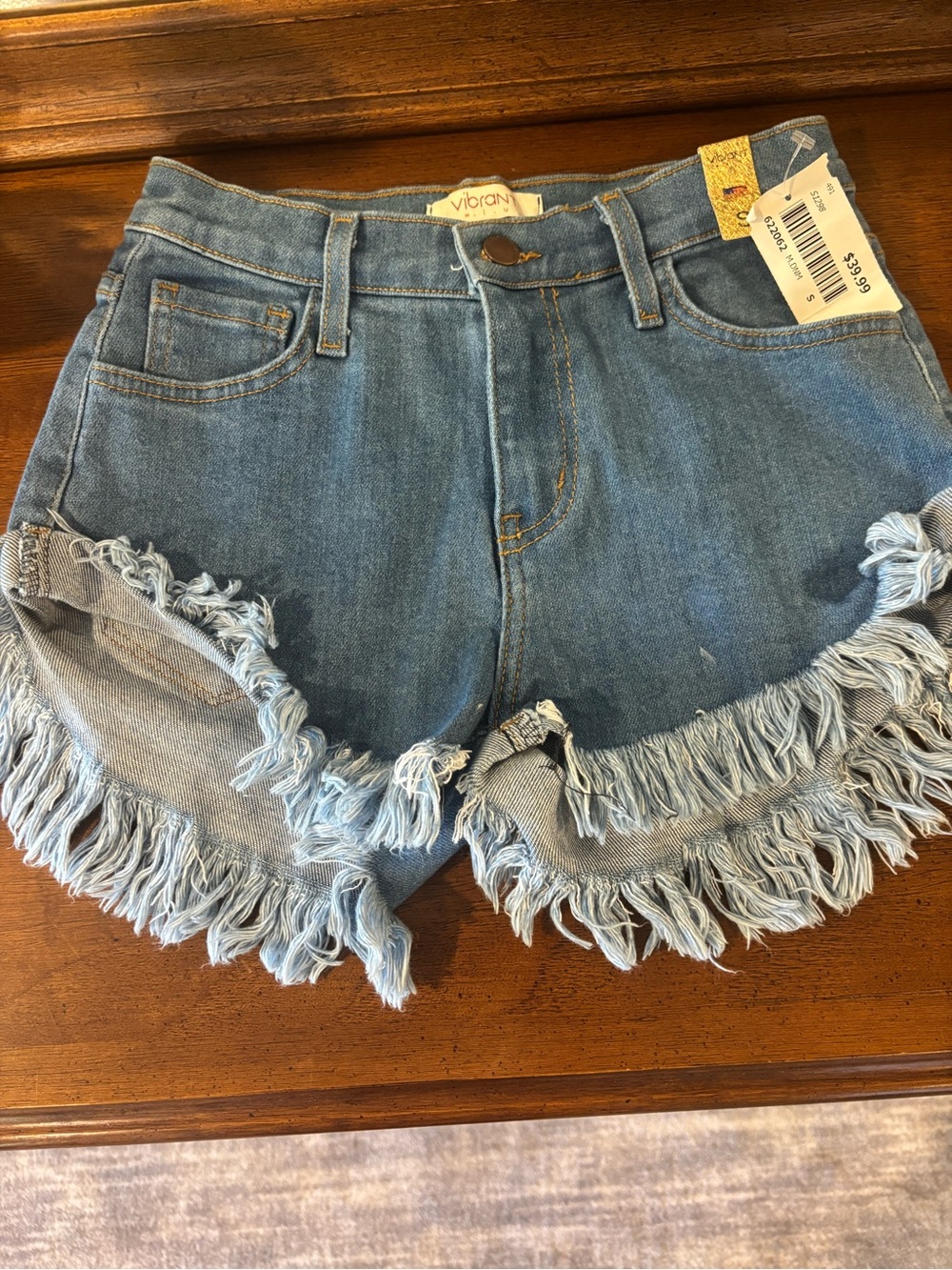 Vibrant Fringe Hem Medium Blue Denim Shorts